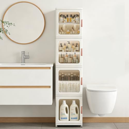 Tall Narrow Storage Cabinet, Plastic Organizer with Wheels, 4-Tier/White | Foldable Slim Cabinet for Bathroom, Kitchen, Laundry and Small Spaces, Adjustable Shelves & Magnetic Doors, Movable Wheels - size: 11.4"D x 14.6"W x 65.4"H