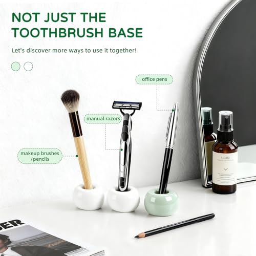 2Pcs Ceramic Toothbrush Holders for Bathrooms Countertop Toothbrush Holder Single Mini Toothbrush Holder Pen Holder Razor Holder Bathroom Tooth Brush Holder Toothbrush Stand (Green+White) - color: Green+white
