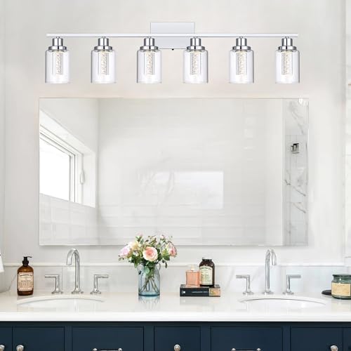 MELUCEE 6-Light LED Bathroom Vanity Light Chrome 5 Color Temperature | Dimmable Modern Vanity Lights Bathroom Light Bar Wall Sconce with Crystal Bubble Clear Glass Shade, Built-In LED Chips - color: Chrome, size: LED-6 Lights