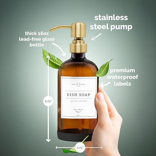 Vine Creations Amber Glass Soap Dispenser, 2 Pack Kitchen Soap Dispenser Set with Stainless Steel Pump, 16 oz Hand Soap and Dish Soap Dispensers for Kitchen or Bathroom with Waterproof Labels - color: Amber Bottle / Brushed Gold Pump