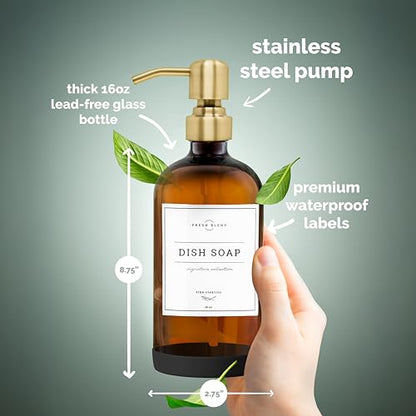 Vine Creations Amber Glass Soap Dispenser, 2 Pack Kitchen Soap Dispenser Set with Stainless Steel Pump, 16 oz Hand Soap and Dish Soap Dispensers for Kitchen or Bathroom with Waterproof Labels - color: Amber Bottle / Brushed Gold Pump