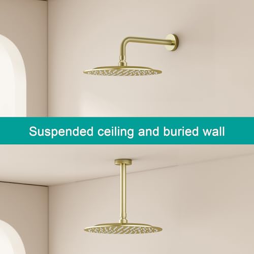 All Metal Rain Shower Head - Heavy Duty Stainless Steel, Easy Install, High Water Flow, Ultra-Thin Modern Design for Bathroom (F-Brushed Gold, 10) - color: Brushed Gold, size: 10