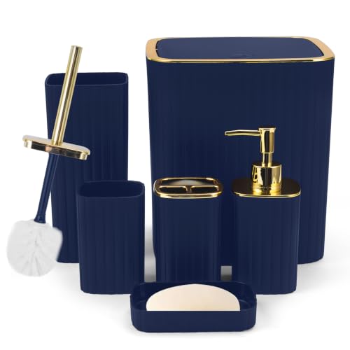 6PCS Bathroom Accessories Set, Navy Blue Bathroom Set for Boho Decor | Includes Toothbrush Holder,Soap Dispenser,Trash Can,Toilet Brush,Soap Dish for Decorative Countertop and Housewarming Gift - color: Navy Blue, size: 6Pcs