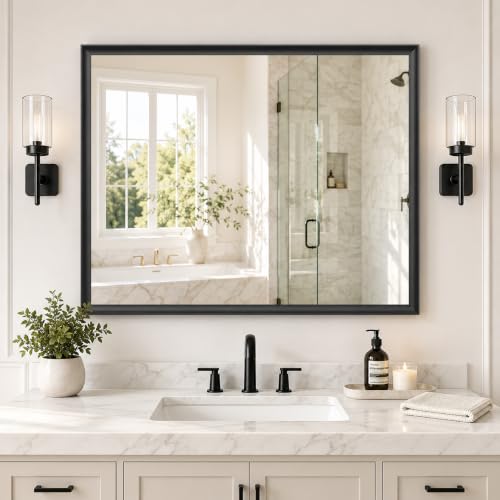 30x40 Inch Black Bathroom Mirrors for Over Sink | Rectangle Vanity Wall Mirror for Bedroom, Entryway, Living Room Decor, Aluminum Framed, Curved Wide Edge, Anti-Rust - color: Black, size: 30"L x 40"W