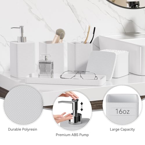 White Bathroom Accessories Set 5 Pieces, Resin Toothbrush Holders Set Complete with Soap Dispenser, Toothbrush Holder, Vanity Tray, Bathroom Tumbler and Qtip Holder for Small Spaces - size: 5 Pcs Bathroom Set, style: White