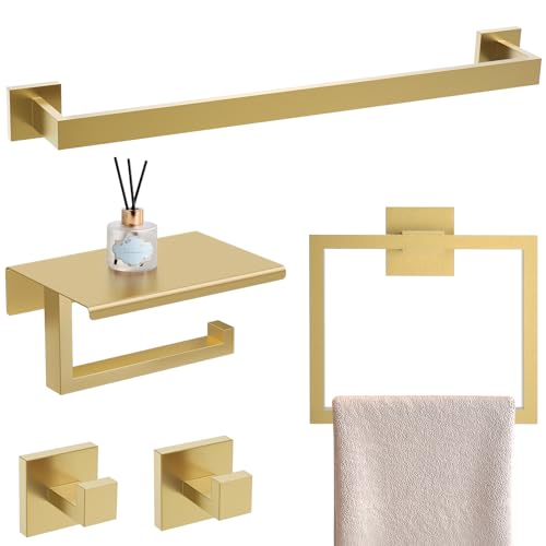 YACVCL Brushed Gold Bathroom Hardware Accessorie Set 23.6 Inch Towel Bar Set 5-Pieces Towel Rack&Holder Set for Bathroom,Upgraded Toilet Paper Holder with Shelf,Stainless Steel Wall-Mounted - color: 5 Pcs Brushed Gold