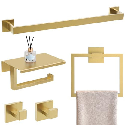 YACVCL Brushed Gold Bathroom Hardware Accessorie Set 23.6 Inch Towel Bar Set 5-Pieces Towel Rack&Holder Set for Bathroom,Upgraded Toilet Paper Holder with Shelf,Stainless Steel Wall-Mounted - color: 5 Pcs Brushed Gold