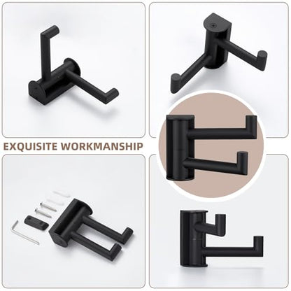 Suyar Double Towel Hook Matte Black, Bathroom Wall Hook, Swivel Robe Holder | SUS304 Stainless Steel Coat Towel Holder with 2 Foldable Arms, Swivel Towel Rack Space Saving Wall Mounted, 2 Pack - color: Matte Black, size: 2 Pack