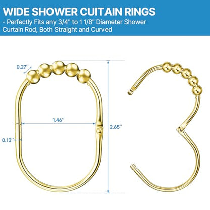 MENGJINGO 12PCS Wide Shower Curtain Hooks Rings, Rust Proof Stainless Steel | Heavy Duty Shower Hooks Rings for Bathroom Shower Rods Curtains Liners, Easy Glide Rollers, Set of 12, Gold - color: Gold