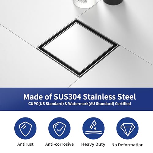 Square Shower Drain, 304 Stainless Steel Floor Drain 4" | with Tiled Insert Grate & Hair Strainer, Bathroom 2-in-1 Tiled in Drain, CUPC Certified - color: Brushed, size: 4''