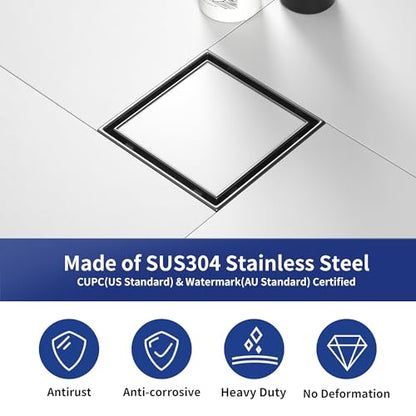 Square Shower Drain, 304 Stainless Steel Floor Drain 4" | with Tiled Insert Grate & Hair Strainer, Bathroom 2-in-1 Tiled in Drain, CUPC Certified - color: Brushed, size: 4''