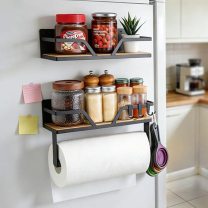 Magnetic Paper Towel Holder with Shelf - 2 Pack Strong Magnetic Spice Rack for Refrigerator Fridge RV(Wall Mount or Magnet) - color: Black-m