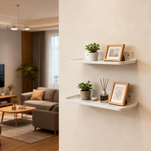 Wall Mounted Floating Shelf, Self Adhesive Shelf, No Drill Adhesive Wall Shelf, Floating Shelves Damage-Free Expand Walls Space for Living Room Kitchen Bathroom (2, White) - color: White