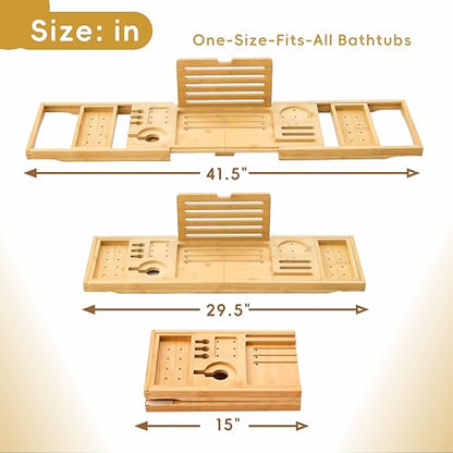 Bamboo Bathtub Tray, Expandable Foldable Bath Caddy, Natural | 29-42“ Bath Shelf Over Tub with Phone, Tablet & Wine Holders, Locking Design for Spa Bathroom Accessories & Gifts - color: A-natural