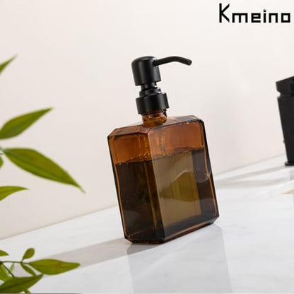 Amber Soap Dispenser Square Bottle and Black Pump, Glass Dish Soap Dispense, Refillable Hand Soap Dispenser with Stainless Steel Pump, 13.5 oz Lotion Dispenser for Bathroom, Kitchen Countertop - color: Amber Bottle With Black Pump, size: 13.5oz-Square
