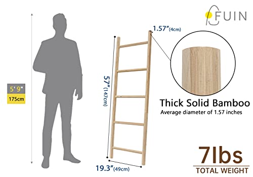 FUIN Blanket Ladder, 57in Rustic Bamboo Decor Quilt Display Rack | 5 rungs, farmhouse living room holder, organize clothing and scarf, leaning wall, bathroom and bedroom use
