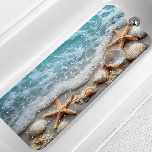 LNOND Summer Beach Bathtub Mat Non Slip, 40 X 16 Inch Tub Mat for Bathroom, Blue Sand Starfish Bath Tub Shower Mat with Drain Holes and Suction Cups - color: Blue Sand Starfish Bathtub Mat