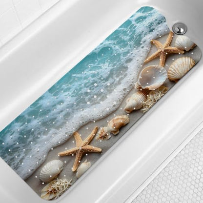 LNOND Summer Beach Bathtub Mat Non Slip, 40 X 16 Inch Tub Mat for Bathroom, Blue Sand Starfish Bath Tub Shower Mat with Drain Holes and Suction Cups - color: Blue Sand Starfish Bathtub Mat