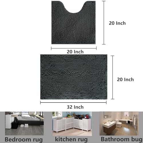 Bathroom Rug Sets 2 Piece, Extra Thick and Absorbent, Non-Slip, Machine Washable, Dry Quckily, Soft Cozy Plush, Used Under Shower Bathtub and Sink, Dark Grey - color: Dark Grey, size: 20 x 32 inch + 20 x 20 inch (U-Shape)