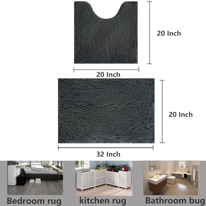 Bathroom Rug Sets 2 Piece, Extra Thick and Absorbent, Non-Slip, Machine Washable, Dry Quckily, Soft Cozy Plush, Used Under Shower Bathtub and Sink, Dark Grey - color: Dark Grey, size: 20 x 32 inch + 20 x 20 inch (U-Shape)
