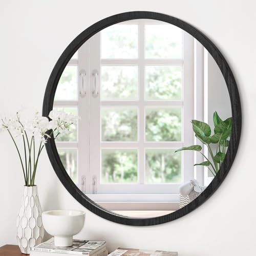 JJUUYOU Circle Wall Mirror 20 Inch Round Wall Mounted Antique Mirror for Bathroom Wood Frame Mirrors for Living Room Bedroom Washroom,Black - color: Wood Black, size: 20"L x 20"W