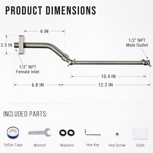 G-Promise 11 Inch Shower Extender with 6Inch Arm and Flange(Brushed Nickel) | Solid Brass Construction, Height and Angle Adjustable, Standard Connection Thread, All Installation Tools Included - color: Brushed Nickel, style: 11 Inch