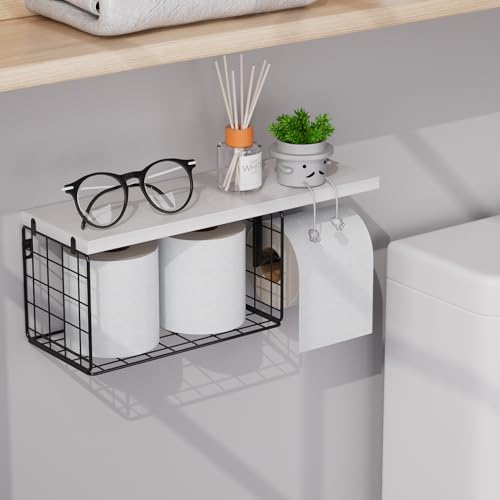 VITVITI Toilet Paper Holder with Shelf, Wall Mounted Storage Basket, White | Farmhouse Wall Mount Toilet Paper Holder Shelves, Wood Metal Toilet Roll Wipes Holder for Bathroom - color: White