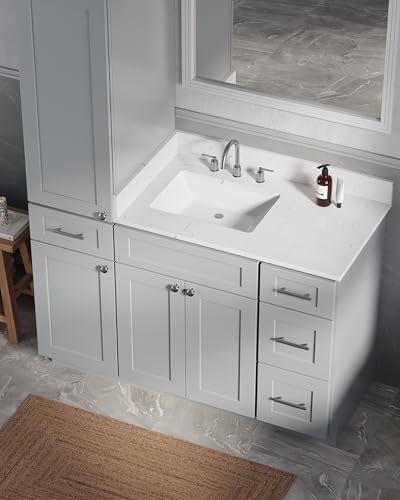 51" Bathroom Vanity with Linen Storage Tower and 4 Drawers, Carrara Quartz Top and Ceramic Sink, Left or Right Tower Option, Solid Wood Frame, 52" x 22" x 72" (Gray, Left Tall Cabinet) - color: Grey