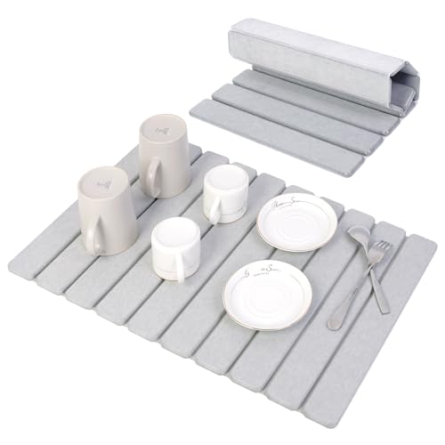 BoxedHome Large Stone Dish Drying Mat for Kitchen Counter, Foldable Diatomaceous Earth Water Absorbing Mat, Bottles Cups 24"(L) 16"(W), Light Gray - color: Light Grey