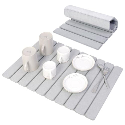 BoxedHome Large Stone Dish Drying Mat for Kitchen Counter, Foldable Diatomaceous Earth Water Absorbing Mat, Bottles Cups 24"(L) 16"(W), Light Gray - color: Light Grey