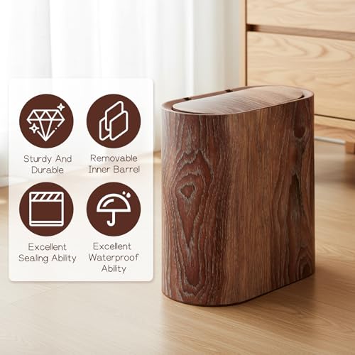 WLLHYF Bathroom Trash Can with Pop-Up Lid Lids Small Garbage Bin Plastic Marble Wood Pattern Trashcans Removable Liner Bucket Wastebasket Modern Narrow Waste Basket for Home Kitchen Bedroom Office