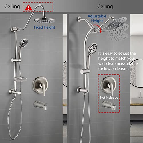 Rainfall 8 Inch Round Shower Head with High Pressure Handheld Spray Combo, Drill-Free Slide Bar with Adjustable Shower Extension Arm, 3-Way Diverter for Easy Reach, 5Ft Hose- Brushed Nickel - color: Brushed Nickel