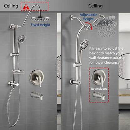 Rainfall 8 Inch Round Shower Head with High Pressure Handheld Spray Combo, Drill-Free Slide Bar with Adjustable Shower Extension Arm, 3-Way Diverter for Easy Reach, 5Ft Hose- Brushed Nickel - color: Brushed Nickel