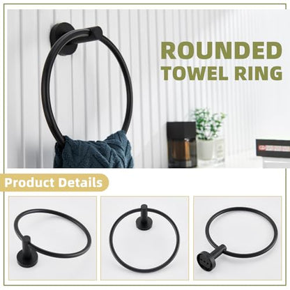 Matte Black 2-piece Bathroom Hardware Set, Solid Stainless Steel | Rust-resistant Bathroom Accessories Set for Bathroom Restroom Sink, Swivel Towel Ring, Toilet Paper Holder, Wall Mounted - color: Matte Black Round Shape