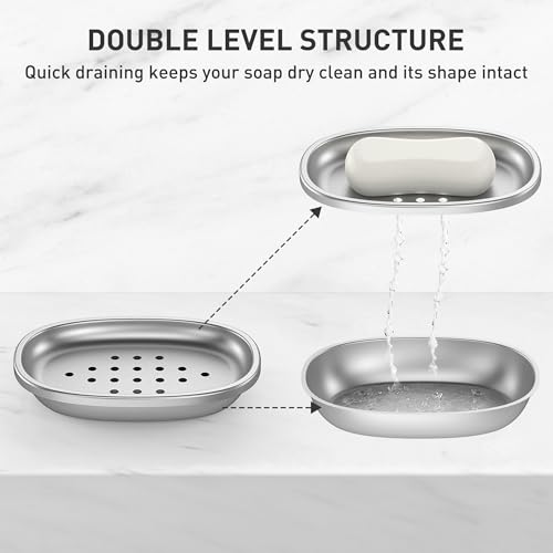 Metal Soap Dish, Large Double-Layer Draining Tray for Bathroom Sink | Stainless Steel Bar Soap Holder for Shower, Kitchen Sink Counter, Container for Sponges, Steel wool, Scrub brushes, Anti-Rust - color: Small Round Hole