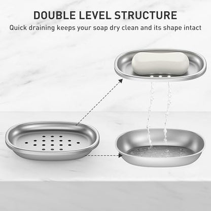 Metal Soap Dish, Large Double-Layer Draining Tray for Bathroom Sink | Stainless Steel Bar Soap Holder for Shower, Kitchen Sink Counter, Container for Sponges, Steel wool, Scrub brushes, Anti-Rust - color: Small Round Hole