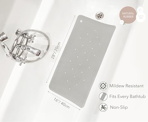 HEVEA Natural Rubber Wave Bath Mat – Long 28 × 16 in - Non-Slip Shower & Bathtub Mat with 388 Suction Cups, Plastic-Free & Biodegradable (Granite) - color: Granite, size: 15.5" x 27.6" (Wave Long)