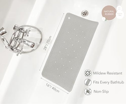 HEVEA Natural Rubber Wave Bath Mat – Long 28 × 16 in - Non-Slip Shower & Bathtub Mat with 388 Suction Cups, Plastic-Free & Biodegradable (Granite) - color: Granite, size: 15.5" x 27.6" (Wave Long)