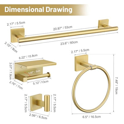 TURS 5-Pieces Brushed Gold Bathroom Hardware Set 23.6 Inch SUS304 Stainless Steel Towel Bar Set Wall Mounted Square Toilet Paper Holder with Shelf - color: Brushed Gold, size: 5-Pieces Set