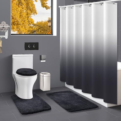Shower Curtain Sets with Rugs and Adjustable Toilet Seat Cover | 4 Pcs Dark Grey Bathroom Sets with Shower Curtain and Rugs and Microfiber Toilet Lid Cover - color: Dark Grey