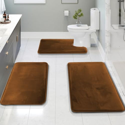 Clara Clark 3 Piece Bathroom Rugs Bath Mat Set, Velvet Memory Foam Bath Mats for Bathroom - Non-Slip, PVC Backing Bath Rugs, Washable - Dries Quickly, Brown - color: Brown