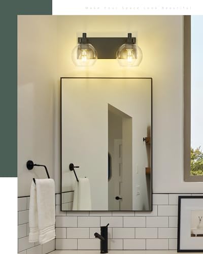 2-Light Matte Black Bathroom Vanity Light, Clear Glass Globe Shade | 15" modern bathroom light fixtures over mirror, E26 base, bulbs not included, VL195-MB-2 - color: Black, Clear Glass, size: 2-light