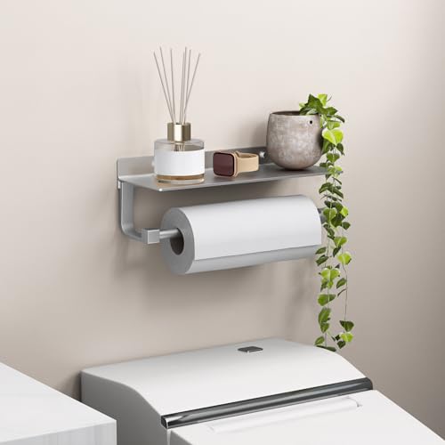 Wall Mount Paper Towel Holder with Shelf for Bathroom/Kitchen, Adhesive Hand Towel Holder, Matte Silver - color: Silver