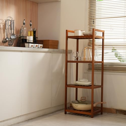 Utoplike Teak Wood Bathroom Shelf Organizer Stand, Standing Shower Caddy | Freestanding 4 Tier Bath Storage for Floor, Kitchen, Office