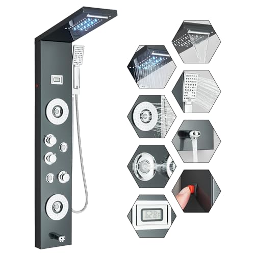 FUZ Shower Panel Tower System, Stainless Steel 6 Functions Shower Panel System with LED Fancy Rain Shower Head and Handheld, Adujstable Rain Massage Body Jets and Tub Spout, Matte Black Shower Tower - color: Black, style: 8039-B