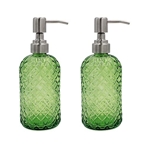 16 oz Diamond Pattern Glass Soap Dispenser, Kitchen and Bathroom Refillable Soap Dispenser with Rust Resistant Stainless Steel Pump for Hand Soap, Lotion Glass Liquid Dispenser(Green-2pack) - color: Green-2pack