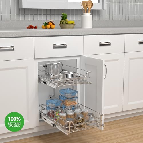 2-Tier Cabinet Pull Out Shelves, 14" W x 22" D, Chrome | Heavy-Gauge Wire Kitchen Cabinet Organizer, 100 lbs Capacity, Ball-Bearing Glides, Min 15" Opening, For Tupperware & Bowls - size: 14 x 22 Inch