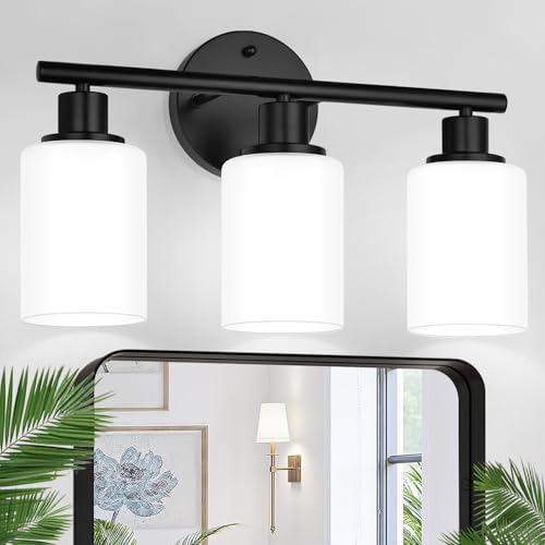 Zarbitta 3-Light Bathroom Light Fixtures, Black Modern Vanity Lights with Milky White Frosted Glass Shades, Bathroom Wall Lamp for Mirror Kitchen Living Room Hallway Cabinet Porch - color: Matte Black & Milky White Glass, size: 3-light