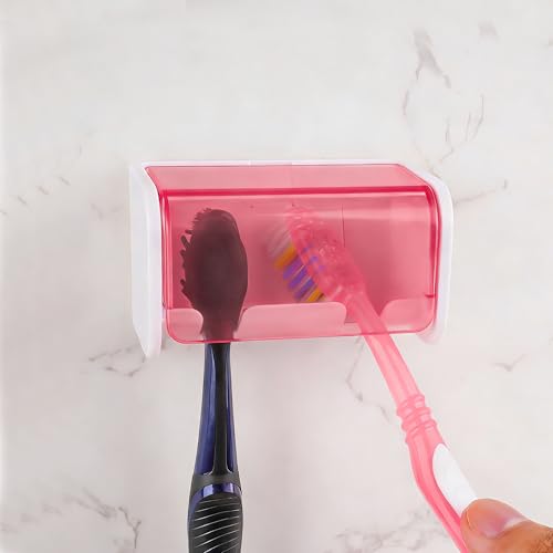 Toothbrush Holder Wall Mounted with Cover for Bathroom, 2 Slots Toothbrush Storage Organizer for Shower, Self Adhesive Toothbrush Hanger Rack for Dorm, Cabinet (Pink) - color: White Pink, size: 1 PACK