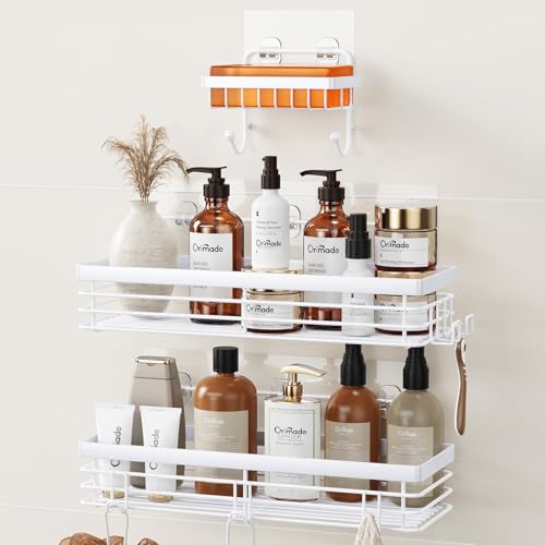 Orimade Adhesive Shower Caddy Soap Dish Holder Shelf with 5 Hooks Bathroom Organizer Basket Kitchen Storage Rack Wall Mounted No Drilling Stainless Steel - 3 Pack, White - color: White - 3 Pack